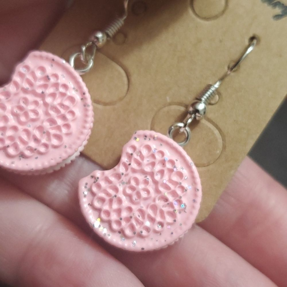 Silver tone pink cookie earrings